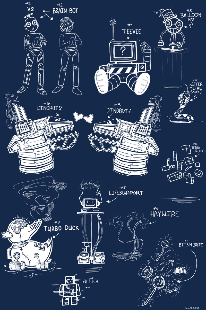 quack_exe123's tweet image. What did I smoke that made me create these???
#RobotDesign #CharacterSketches #DinoBot #BrainBot #TeeVee #BalloonHat #TurboDuck #LifeSupport #Haywire #BitsNBoltz #TetraBricks #Glitch #Robots #CreativeDrawing #ConceptualArt #TechCharacters #DigitalSketch #ArtConcept…