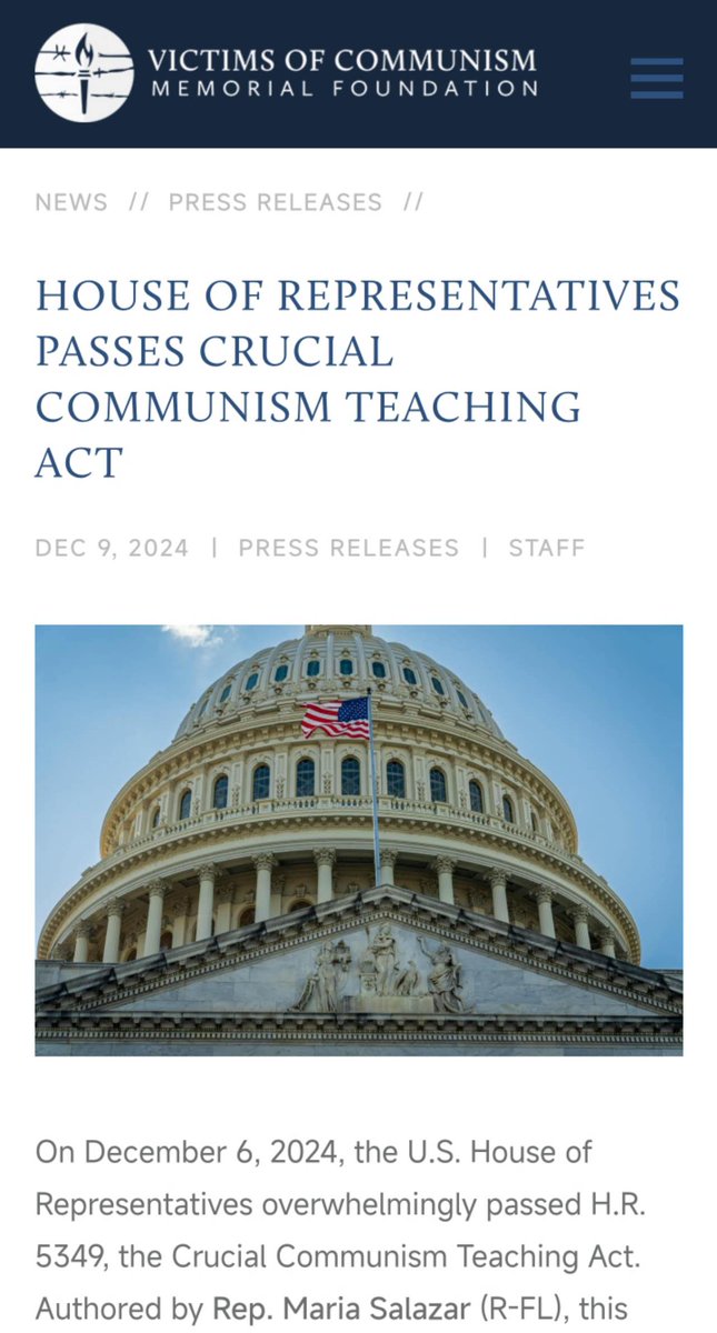RnaudBertrand's tweet photo. This is crazy: the U.S. house of representatives just overwhelmingly passed a law that mandates the teaching of anti-communism and anti-China propaganda to U.S. school kids.

Even more insane, the curriculum will be based on educational material prepared by the Victims of Communism Memorial Foundation (VOCMF, https://t.co/7svaJsjHOE), an anticommunist propaganda shop founded by an act of congress.

VOCFM is so extreme in their views that to them, all Nazis killed by Soviets are "victims of communism", as are all deaths resulting from Covid-19 (https://t.co/Vhem6YHfuR). Check for instance one of their recent X postings (https://t.co/zwou84vrNR, screenshot below 👇) in which they exhort people to "remember the victims" from when the Soviet army liberated Poland from the Nazis (including Auschwitz!) during the Vistula–Oder Offensive 🤦

The new law that just passed, the "Crucial Communism Teaching Act" (text here: https://t.co/7CbwTkkfif), mandates that "high school students in the United States learn that communism has led to the deaths of over 100,000,000 victims worldwide", which is the same tally as that of VOCMF (and in fact the law specifically says that it is that VOCMF that shall develop the curriculum).

The new law also mandates that U.S. school kids be "taught" all the usual anti-China propaganda talking points such as "the treatment of Uyghurs" (the so-called "Uyghur genocide" is, incidentally, also a narrative that originates from the VOCMF), the "actions taken by the PRC to deter pro-democracy protests in Hong Kong" or "the increasingly aggressive posture by the PRC toward Taiwan, a democratic friend of the United States".

The irony of course is that "communist China" has no equivalent law or curriculum: Chinese school kids aren't taught as part of their curriculum to hate capitalism or the U.S. In fact, China has even plenty of American international schools in almost all major cities in the country, which goes to illustrate that, contrary to common perceptions, China's educational approach toward the U.S. and its system shows much greater receptivity and balance than is currently being demonstrated in the reverse direction. And that's a massive understatement...

All in all, to take a step back, which approach is likely to educate more capable and discerning citizens? The one fostering genuine understanding through exposure to diverse perspectives, or the one imposing a rigid framework of ideological opposition? You draw your own conclusion...