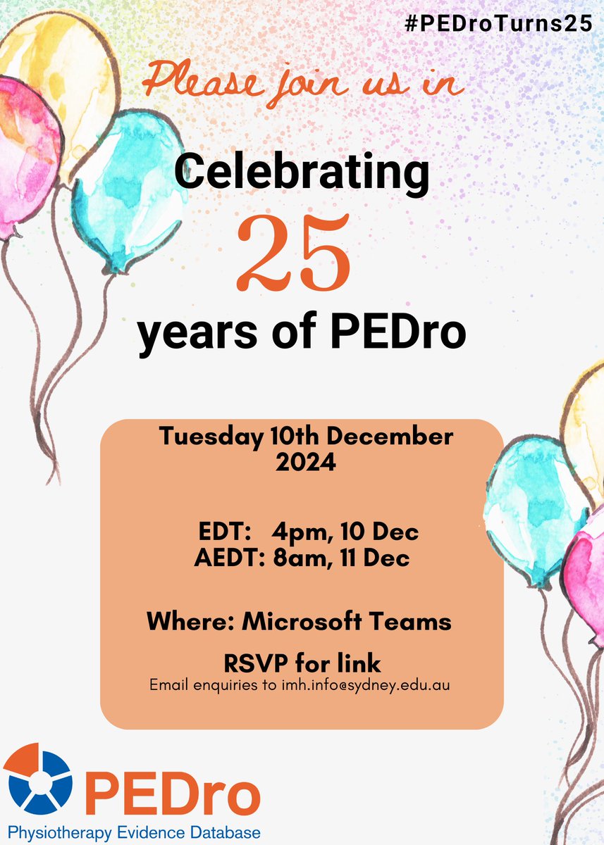 PEDro (@pedro_database) on Twitter photo Are you in the America region? Join us online 4pm on 10 December 2024 (EDT) to help us celebrate 25 years of PEDro π
Register today: eventbrite.com.au/e/celebrating-β¦
<a href="/APTA_official/">American Physical Therapy Association (APTA)</a> <a href="/WorldPhysio1951/">World Physiotherapy</a> <a href="/CathieSherr/">Prof Cathie Sherrington</a> Are you in the America region? Join us online 4pm on 10 December 2024 (EDT) to help us celebrate 25 years of PEDro π
Register today: eventbrite.com.au/e/celebrating-β¦
<a href="/APTA_official/">American Physical Therapy Association (APTA)</a> <a href="/WorldPhysio1951/">World Physiotherapy</a> <a href="/CathieSherr/">Prof Cathie Sherrington</a>