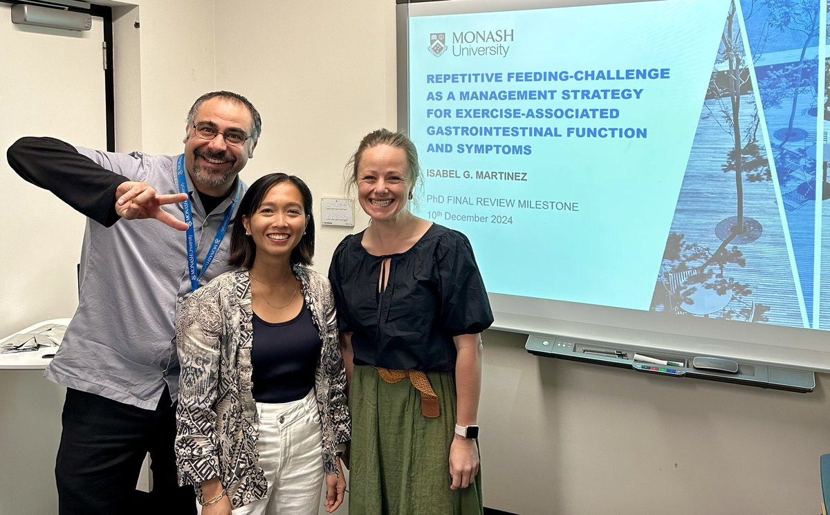 Monash Nutrition (@monashnutrition) on Twitter photo Congratulations to Isabel Martinez for presenting her work on using a repetitive feeding challenge to manage exercise-associated gastrointestinal function & symptoms for her PhD pre-submission milestone 👏🏼
And to supervisors Ricardo Costa <a href="/MonashNutrExer/">Monash Nut/Ex Clinic</a> & <a href="/jrbiesiekierski/">Jess Biesiekierski, PhD RNutr</a> 🤩 Congratulations to Isabel Martinez for presenting her work on using a repetitive feeding challenge to manage exercise-associated gastrointestinal function & symptoms for her PhD pre-submission milestone 👏🏼
And to supervisors Ricardo Costa <a href="/MonashNutrExer/">Monash Nut/Ex Clinic</a> & <a href="/jrbiesiekierski/">Jess Biesiekierski, PhD RNutr</a> 🤩