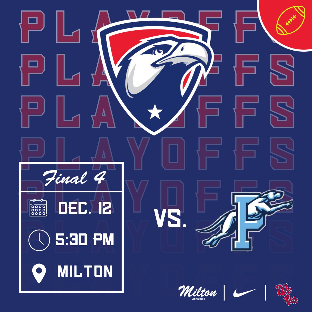 MiltonEaglesAD's tweet photo. ANNOUNCEMENT: The Semifinal Round of the GHSA Division 3 Flag Football Playoffs will take place Thursday, December 12th at 5:30 PM.

The Eagles will *host* the Pope Greyhounds with a trip to Mercedes-Benz Stadium on the line.

All tickets sold via GoFan.

We ride! 🤘 https://t.co/QXzRzVhXgl