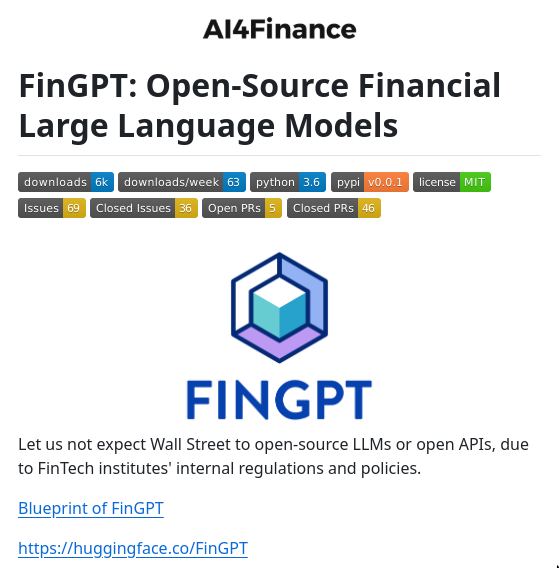 tom_doerr's tweet photo. "FinGPT: Open-Source Financial Large Language Models!  [...] We release the trained model on HuggingFace." https://t.co/Pap2OEiQ3d