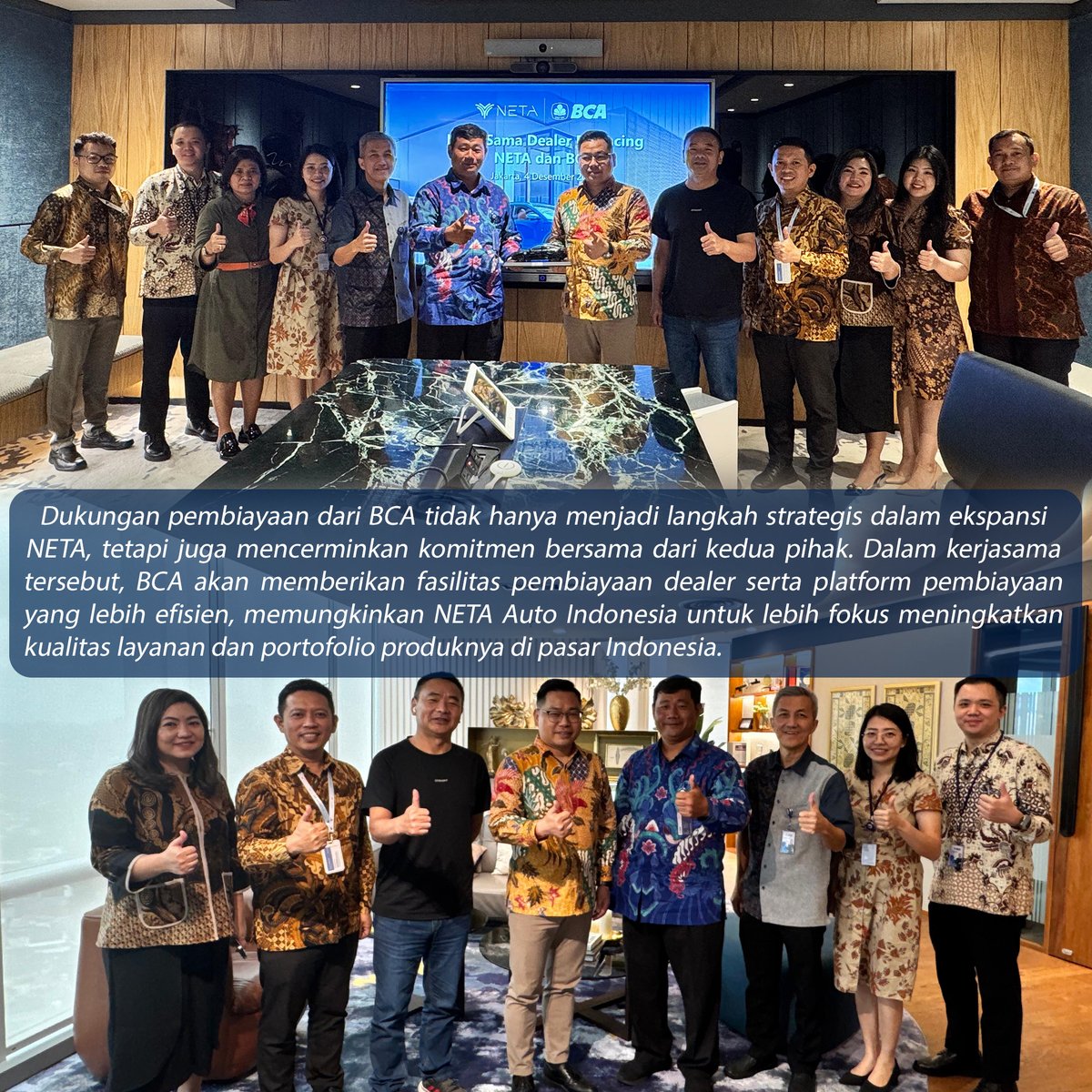 Dapurpacu_id's tweet image. PT Neta Auto Indonesia (NETA), menjalin kemitraan dengan PT Bank Central Asia Tbk (BCA) untuk menyediakan fasilitas pembiayaan dealer serta platform pembiayaan bagi NETA Indonesia.

#netaindonesia #netaauto