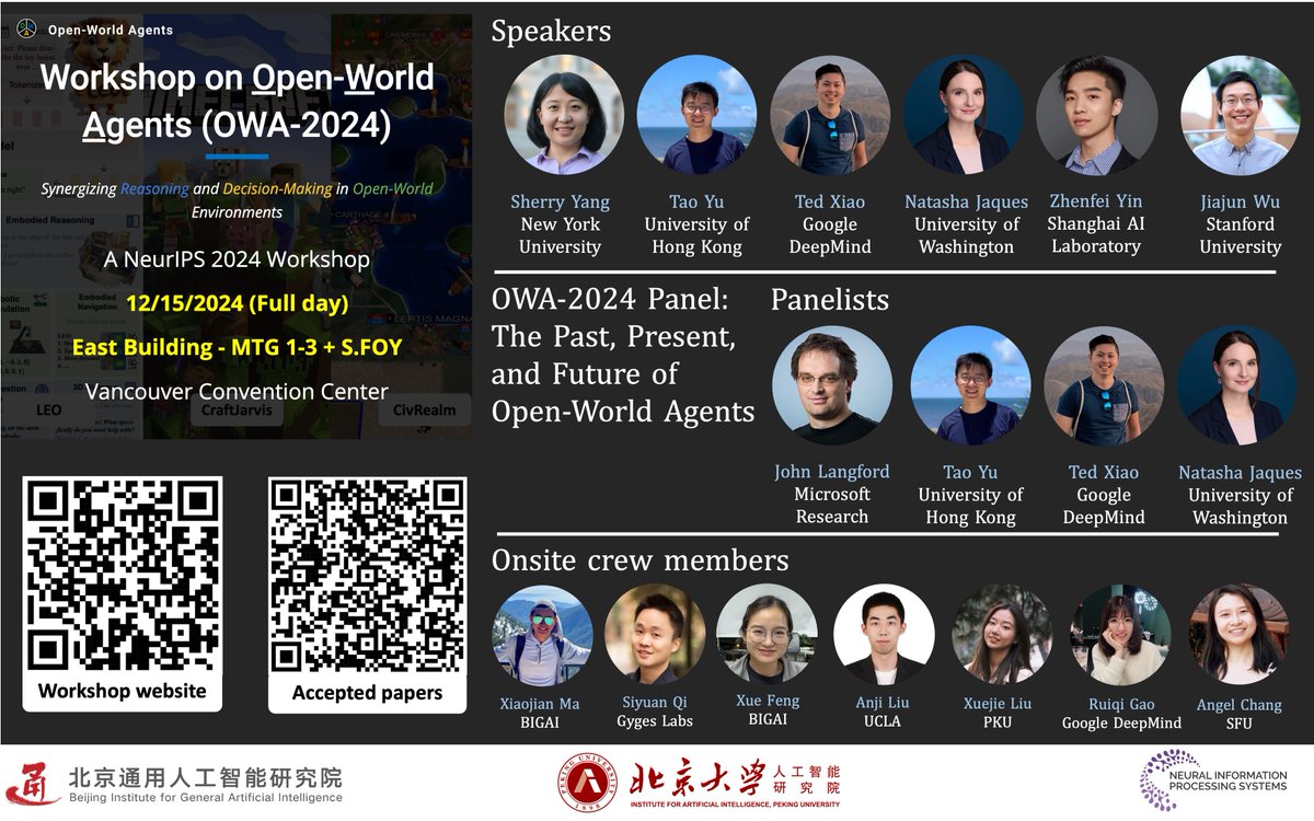 Xiaojian Ma (@jeasinema) on Twitter photo 📢 Attending #NeurIPS2024 ? Come by our workshop on open-world agents!
everything 👉 owa-workshop.github.io
Put your questions for the panel here: forms.gle/XLumiMHAWjwydy…
Our speakers & panelists lining up: <a href="/mengjiao_yang/">Sherry Yang</a> <a href="/taoyds/">Tao Yu</a> <a href="/xiao_ted/">Ted Xiao</a> <a href="/natashajaques/">Natasha Jaques</a> <a href="/jiajunwu_cs/">Jiajun Wu</a> 📢 Attending #NeurIPS2024 ? Come by our workshop on open-world agents!
everything 👉 owa-workshop.github.io
Put your questions for the panel here: forms.gle/XLumiMHAWjwydy…
Our speakers & panelists lining up: <a href="/mengjiao_yang/">Sherry Yang</a> <a href="/taoyds/">Tao Yu</a> <a href="/xiao_ted/">Ted Xiao</a> <a href="/natashajaques/">Natasha Jaques</a> <a href="/jiajunwu_cs/">Jiajun Wu</a>