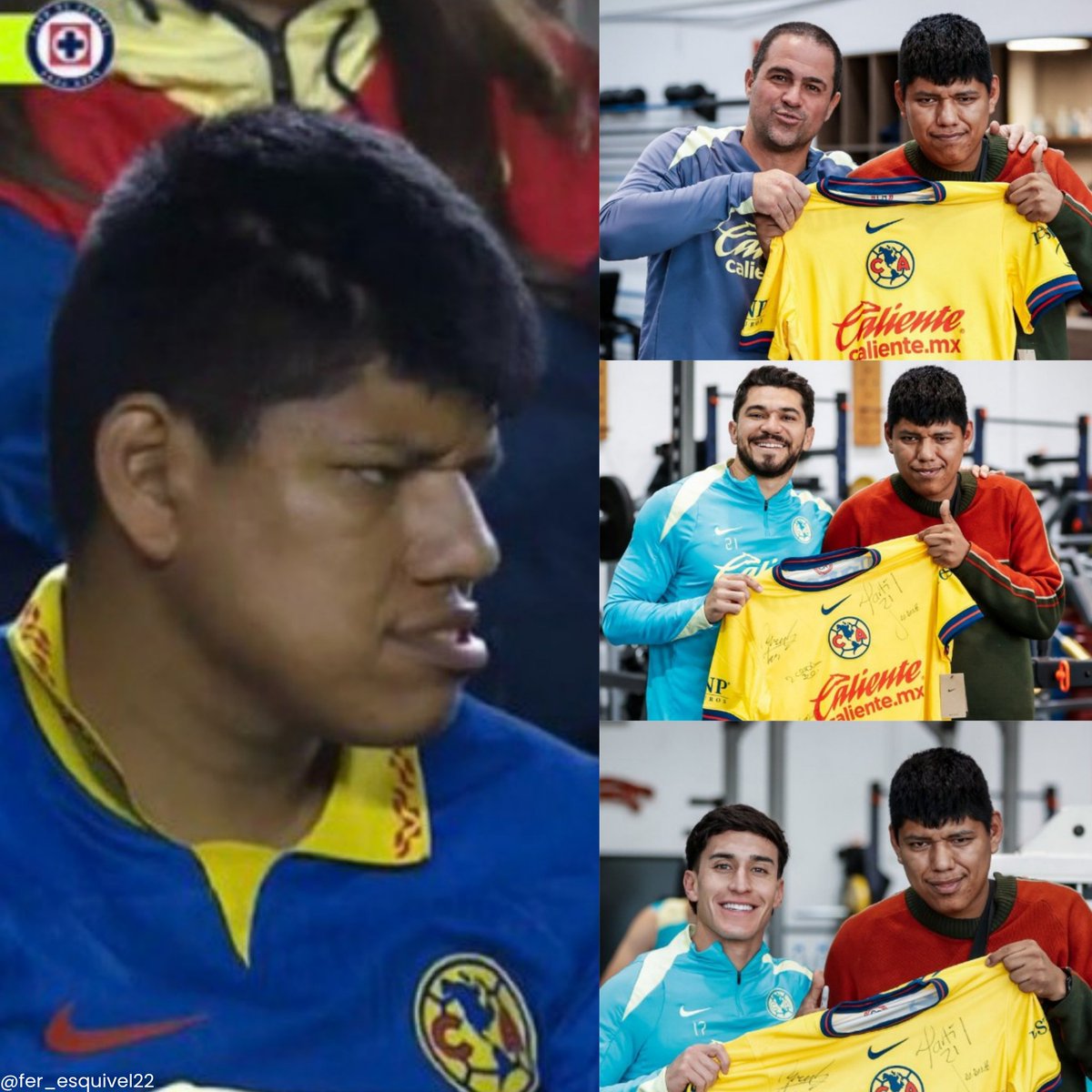 fer_esquivel22's tweet photo. Luego de ser enfocado por las cámaras en la semifinal de ida entre América y Cruz Azul, un aficionado generó tendencia y recibió múltiples comentarios por su apariencia.

Con el pasar de los días se le conoció con el sobrenombre de "Bebote", seguidor del América, que contrario a lo que se pensaba reaccionó positivamente a su "popularidad".

Hoy, América le recibió en las instalaciones del Club y Bebote estuvo presente en los entrenamientos, además, se tomó fotos con jugadores, CT y staff, ya por último, se llevó mercancía personalizada de las Águilas.

Un GESTO GRANDIOSO.

Bebote consiguiendo respeto y admiración de la gente.
Y América actuando como el Club grande que es.

ÉPICO, GRANDIOSO, NOBLE, LOABLE: Las redes sociales hacen lo suyo.