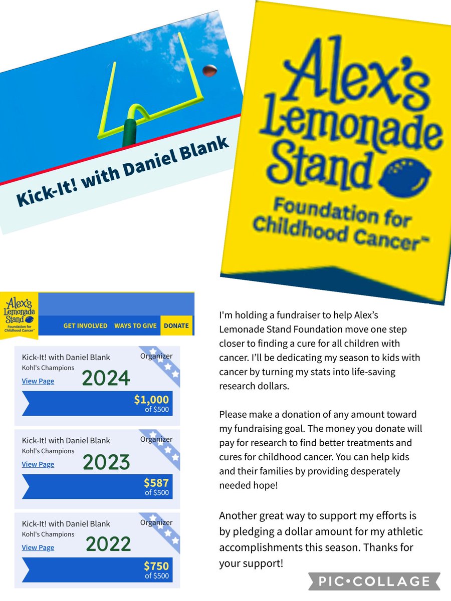 Daniel Blank (@danny_blank7) on Twitter photo Glad to say over the past 3 seasons I have raised $2,337 for childhood cancer with <a href="/AlexsLemonade/">Alex's Lemonade Stand Foundation</a> ! Happy to be a part of such a great cause.
<a href="/KohlsKicking/">Kohl's Kicking Camps</a> <a href="/EddieMish22/">Coach Eddie Mish</a> <a href="/OneOnOneNJNYPA/">One On One Kicking Northeast</a> <a href="/Coach_Kluber/">Coach Sean Kluber</a> Glad to say over the past 3 seasons I have raised $2,337 for childhood cancer with <a href="/AlexsLemonade/">Alex's Lemonade Stand Foundation</a> ! Happy to be a part of such a great cause.
<a href="/KohlsKicking/">Kohl's Kicking Camps</a> <a href="/EddieMish22/">Coach Eddie Mish</a> <a href="/OneOnOneNJNYPA/">One On One Kicking Northeast</a> <a href="/Coach_Kluber/">Coach Sean Kluber</a>