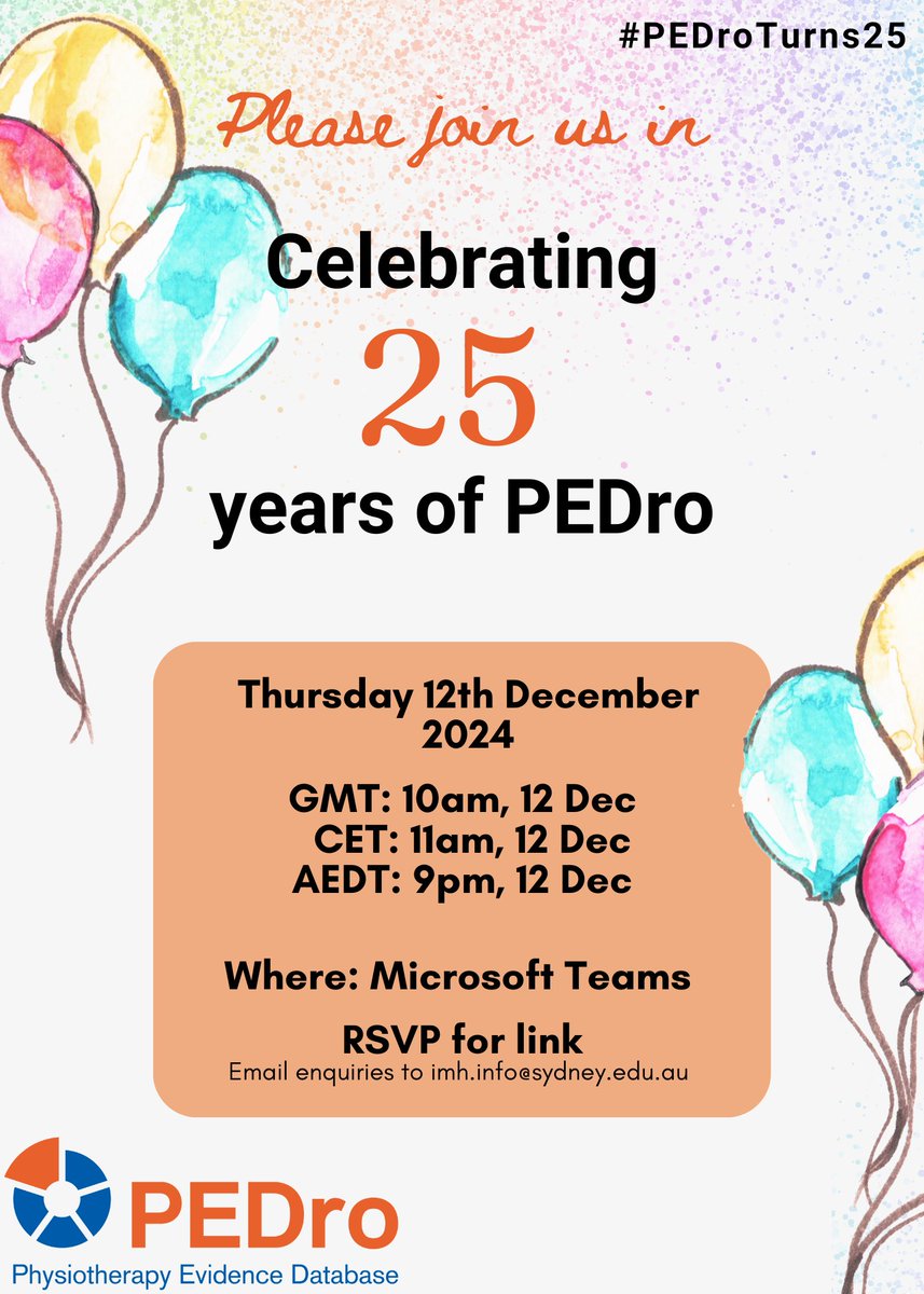 PEDro (@pedro_database) on Twitter photo Are you in the European region? Join us online 10am on 12 December 2024 (GMT) to help us celebrate 25 years of PEDro π
Register today: eventbrite.com.au/e/celebrating-β¦
<a href="/WorldPhysio1951/">World Physiotherapy</a> <a href="/thecsp/">Chartered Society of Physiotherapy (CSP)</a> <a href="/CathieSherr/">Prof Cathie Sherrington</a> Are you in the European region? Join us online 10am on 12 December 2024 (GMT) to help us celebrate 25 years of PEDro π
Register today: eventbrite.com.au/e/celebrating-β¦
<a href="/WorldPhysio1951/">World Physiotherapy</a> <a href="/thecsp/">Chartered Society of Physiotherapy (CSP)</a> <a href="/CathieSherr/">Prof Cathie Sherrington</a>