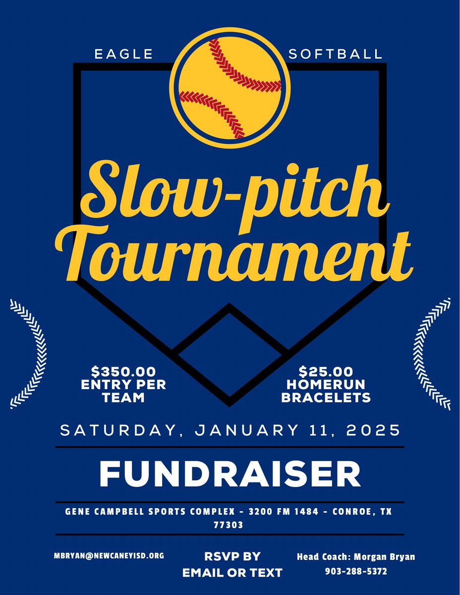 Help us get into the swing of softball season on JANUARY 11th @ the Gene Campbell Sports Complex as we host our 1st Annual Co-Ed Slow Pitch tournament fundraiser!! 

Entry is $350.00/team - all proceeds go to the Eagle Softball program!! 

Contact info ⬇️ Come Play w/ Us!!