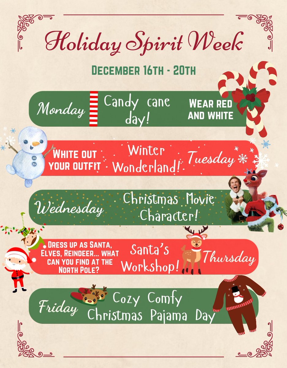 Holiday Spirit Week next week at #mycrcs! Get your outfits ready! ❄️☃️