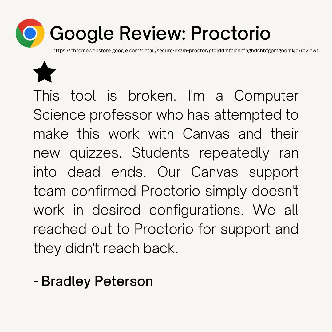 Linkletter's tweet photo. Recent Google Review for #Proctorio #GoogleChrome https://t.co/pCfZfNt1gZ