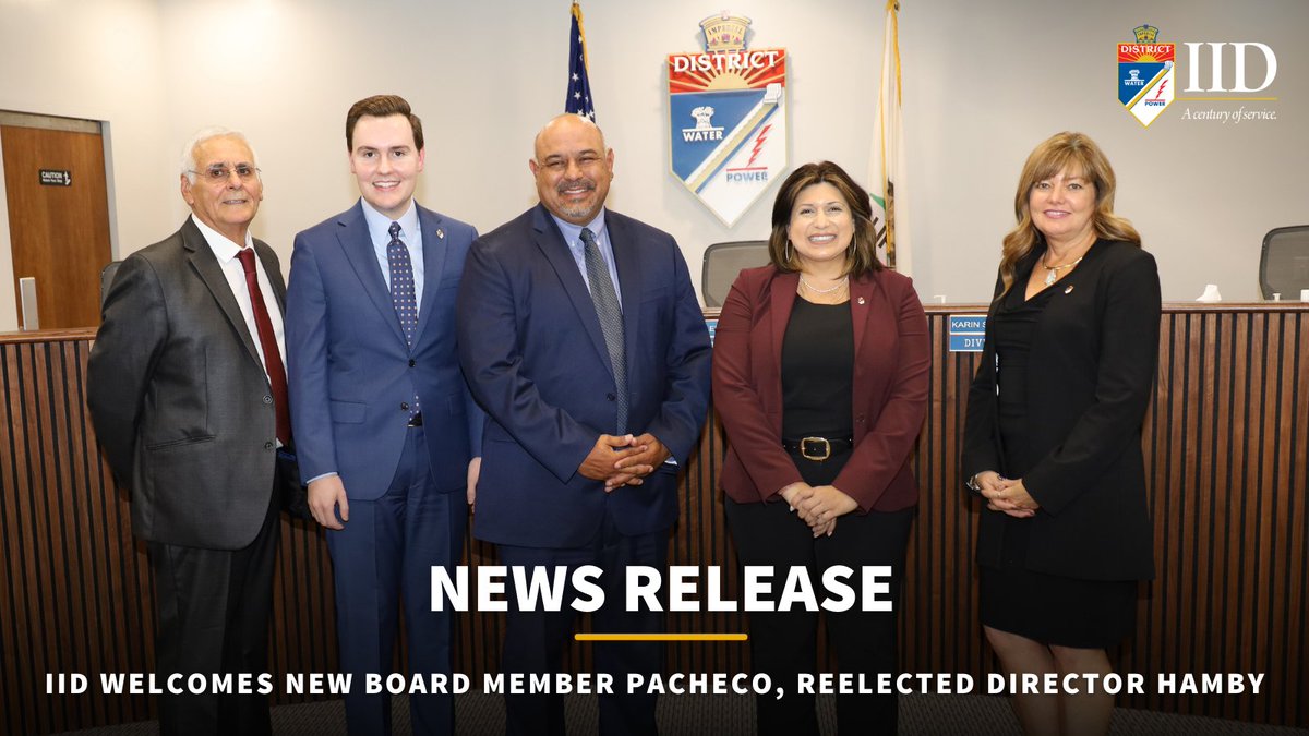 NEWS RELEASE 12/9/2024: IID Welcomes New Board Member
Pacheco, Reelected Director Hamby

On Monday, December 9, Imperial Irrigation District conducted a swearing-in ceremony for its new Division 4 director, Lewis Pacheco, and Division 2 sitting director JB Hamby, who each took