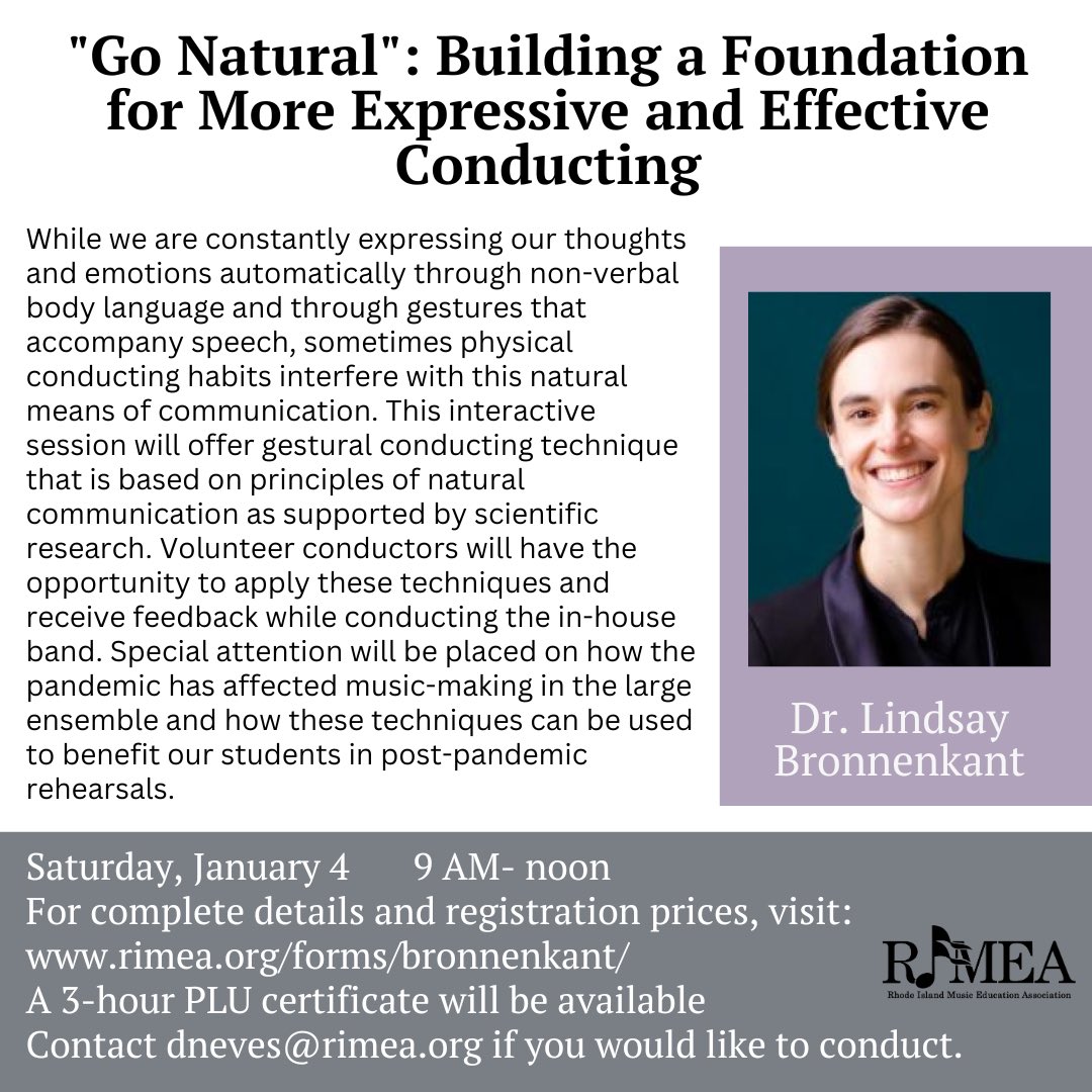 RIMEA’s only conducting workshop this year with a lab ensemble and participant feedback for personal growth. Pre-register so you’re ready to go when we return from December break.  Open to non-member colleagues from surrounding states, and RIMEA members receive a reduced rate.