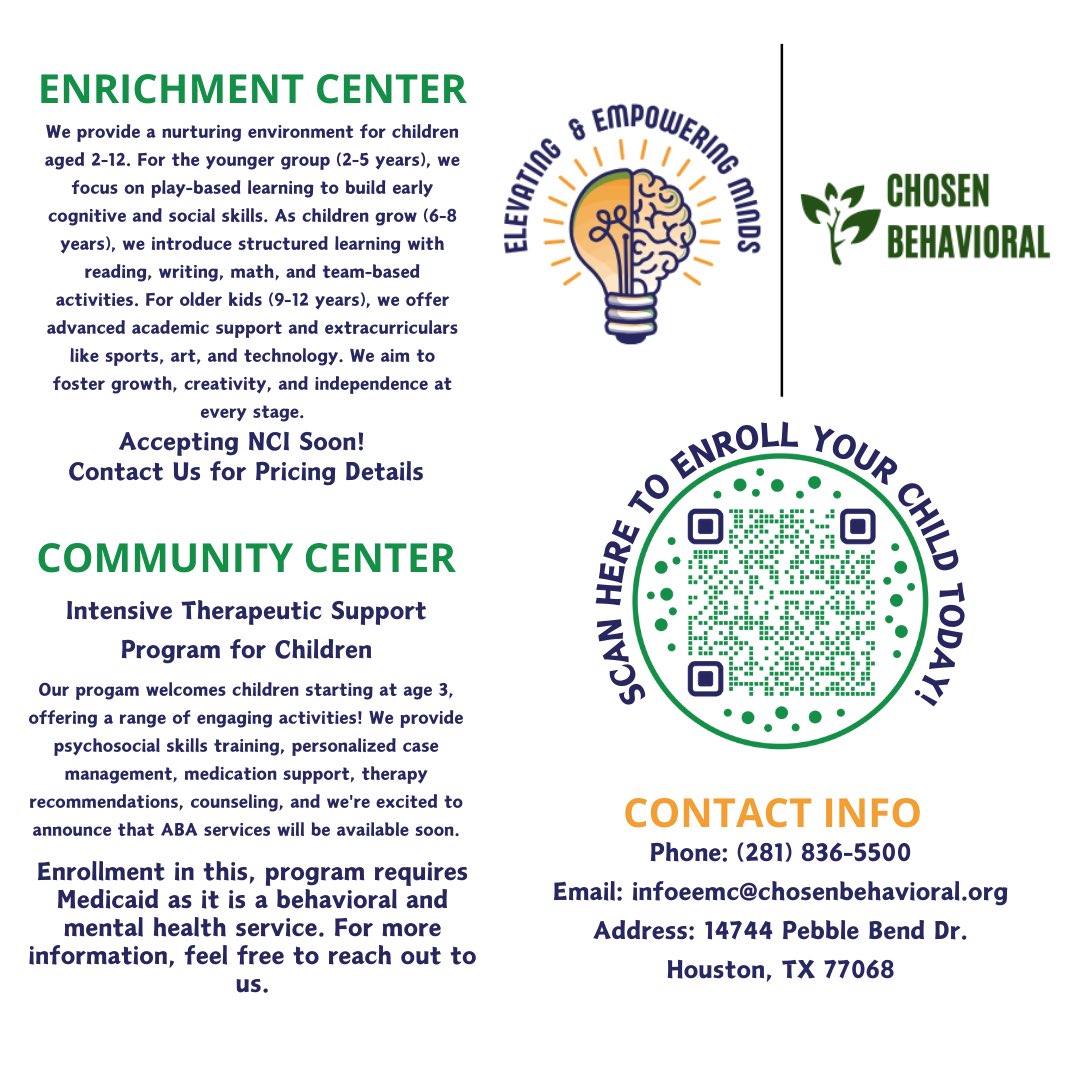 CBehaviora25259's tweet photo. 🌟 Elevating &amp; Empowering Minds – An affiliate of Chosen Behavioral, providing enriching programs and therapeutic support to help children grow, learn, and thrive!
We proudly accept Medicaid &amp; private pay contact us for more information! https://t.co/Ij021GGXl5