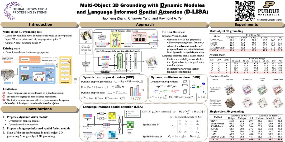 We are excited to share our #NeurIPS2024 work "Multi-Object 3D Grounding with Dynamic Modules and Language Informed Spatial Attention" (D-LISA). Please drop by our poster session on Dec 11th 11 a.m. to 2 p.m. (Poster #1501) and learn from <a href="/cajoeyang/">楊喬諳</a> on Multi-Object 3D Grounding!