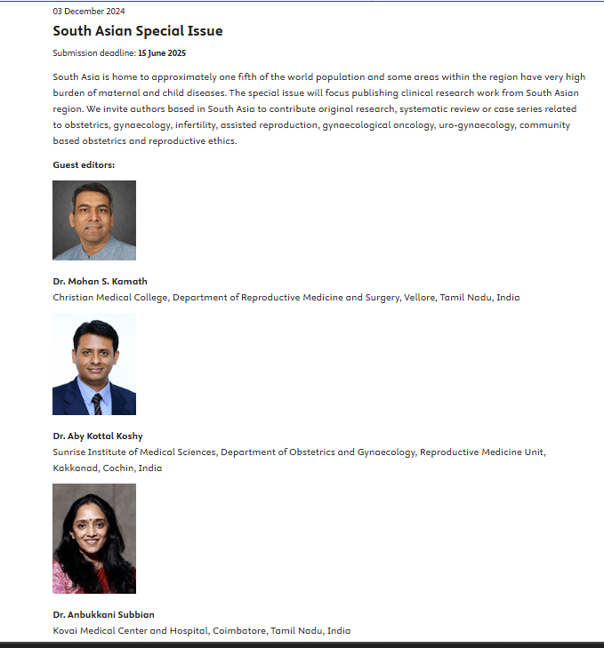 EJOG (@ejogelsevier) on Twitter photo Call for papers for a South Asian Special Issue.
EJOG dedicates a special issue to highlight scientific research that focusses on South Asian women.
Deadline for submission -15th June 2025.
Welcoming our special Editorial team Dr Mohan Kamath, Dr Aby Koshy, <a href="/dranbusubbian/">Dranbusubbian</a> Call for papers for a South Asian Special Issue.
EJOG dedicates a special issue to highlight scientific research that focusses on South Asian women.
Deadline for submission -15th June 2025.
Welcoming our special Editorial team Dr Mohan Kamath, Dr Aby Koshy, <a href="/dranbusubbian/">Dranbusubbian</a>