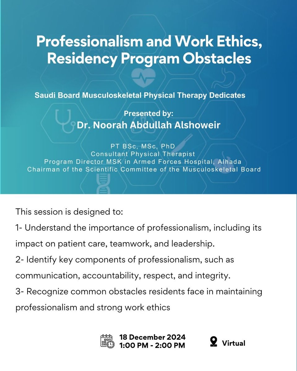 Professionalism in residency shapes patient care, teamwork, and leadership. Core values: communication, accountability, respect, and integrity. Dr. Alshoweir will dive deeper into this topic tomorrow. #saudiboard #MedEd #Professionalism #ResidentLife