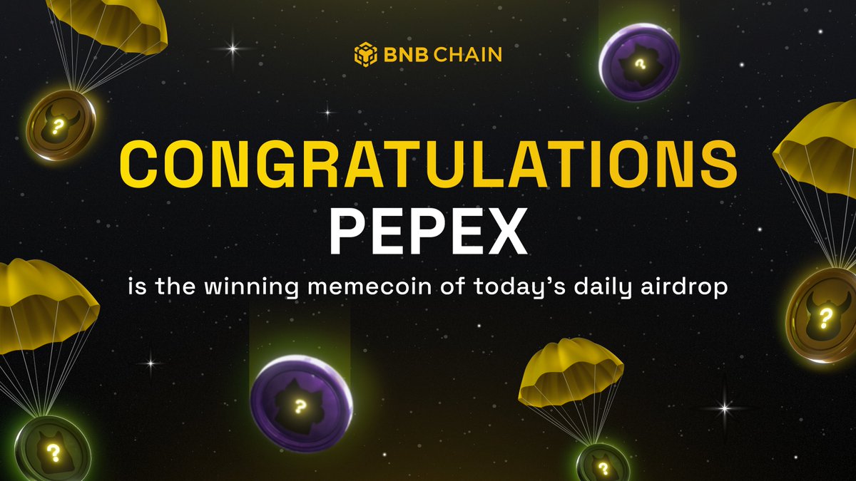 BNBCHAIN's tweet photo. Today's winner of Daily Memecoin Airdrop is...

$PEPEX

See if you're a winner of our airdrop of $PEPEX - check back in just 30 minutes via the leaderboard below 👇
https://t.co/UOqDtGvw9M

Reminder: None of our posts are to be considered financial advice. Please DYOR before investing as investing in memecoins as it can be considered a risky investment.