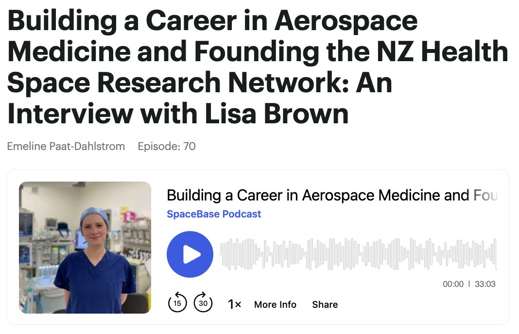 Listen to the latest SpaceBase Podcast on Building a Career in Aerospace Medicine and Founding the NZ Health Space Research Network: An Interview with Lisa Brown.  Lisa is the Lead to the new The New Zealand Space Health Research Network.
buzzsprout.com/678467/episode…