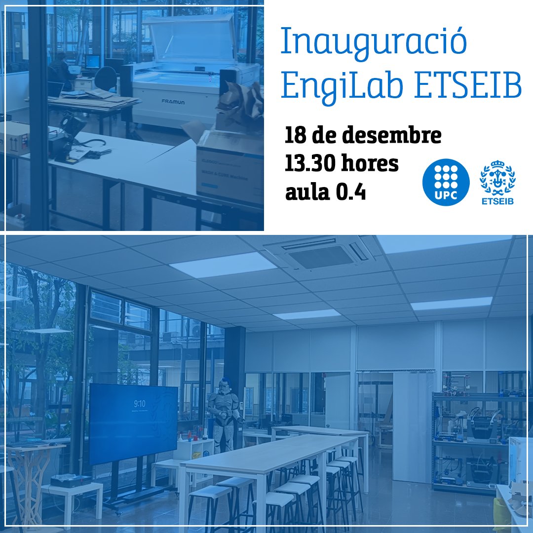 ETSEIB_UPC's tweet photo. 📢 El 18 de desembre a les 13.30 hores a l'aula 0.4 de l'#ETSEIB, se celebrarà la inauguració de la primera fase del projecte #EngiLab, un nou espai de creació a l'Escola.
https://t.co/x5CCweyVvP https://t.co/36RlMvEPVg
