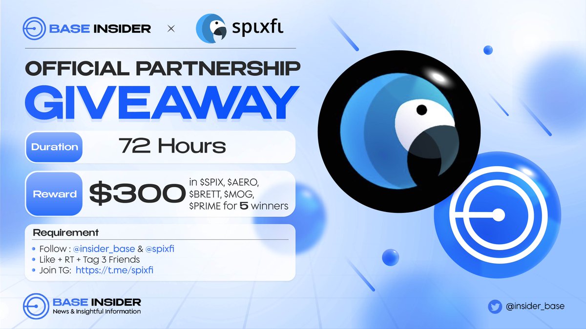 🎉 To celebrate the $SPIX Fairlaunch, we're hosting a GIVEAWAY with <a href="/spixfi/">spιxfι</a>, BASED Yield Protocol redefining DeFi on @Base💙

🎁Total $300 in $SPIX, $AERO, $BRETT, $MOG, $PRIME (5 Winners)

Rules:
• Follow <a href="/spixfi/">spιxfι</a> and <a href="/insider_base/">Base Insider 🛡️</a>
• Like + RT + Tag 2 Friends
• Join TG: