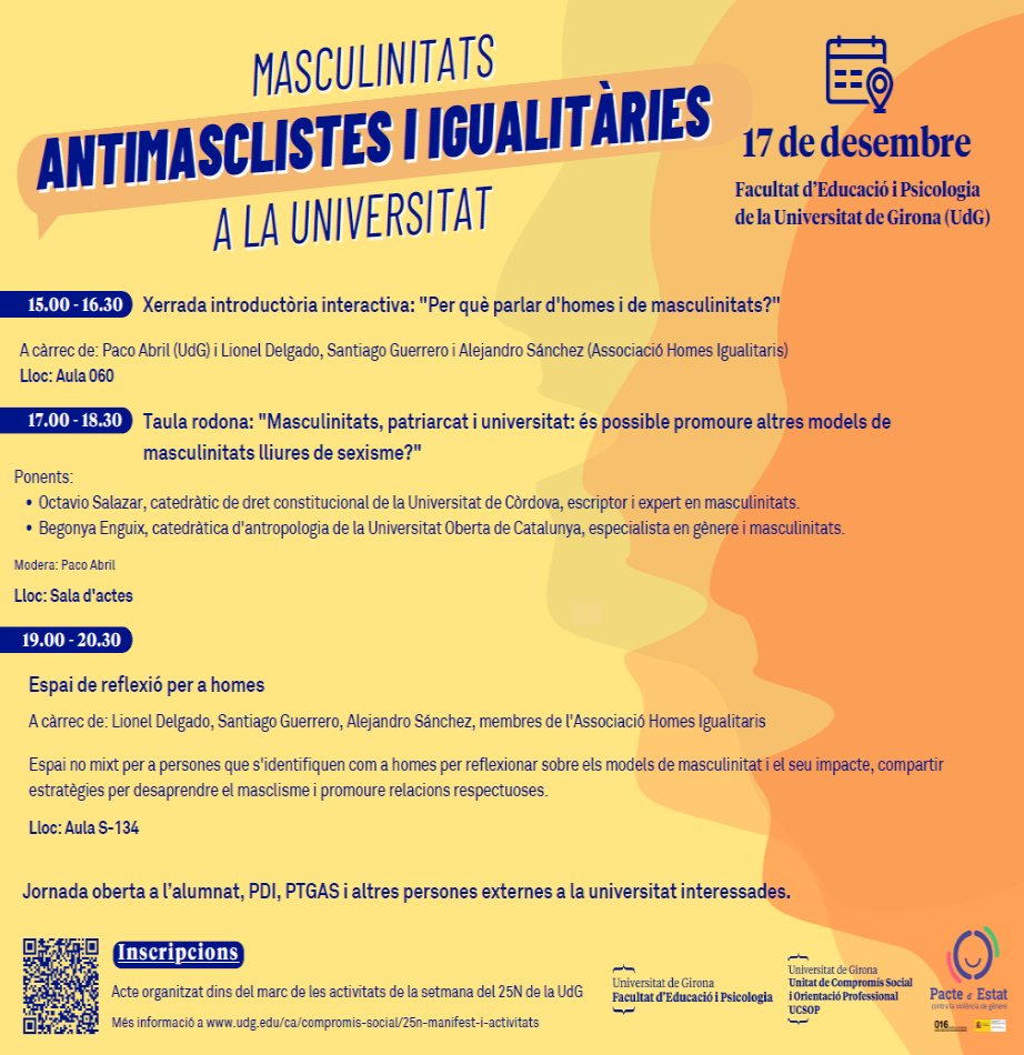 Avui a les 15h a la <a href="/UdGEducacioPsic/">Facultat Edu. Psico</a> "Jornada masculinitats antimasclistes i igualitàries a la universitat".