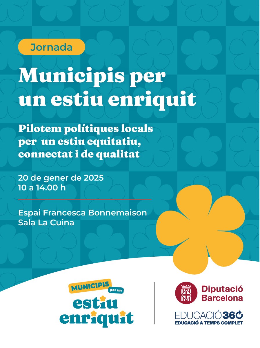 📅 20 de gener: Jornada «Municipis per un Estiu Enriquit» 🚀

Un projecte coliderat per <a href="/diba/">Diputació de Barcelona</a> i <a href="/educacio360/">Educació 360</a> amb l'objectiu de garantir els drets educatius i combatre les desigualtats durant les vacances escolars.

✅ Més info i inscripcions: bit.ly/3ZxUDvM