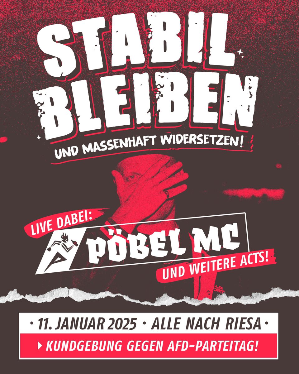 Hip-Hop gegen Nazis! Der mächtige <a href="/poebelmc/">PMC</a> ist auch auf unserer Bühne in Riesa am Start, um die Proteste zu unterstützen!
6:30 Uhr Aktionen und Blockaden.
Ab 9:00 Uhr Livemusik auf der Kundgebung 
#widersetzen #stabilbleiben #fckafd