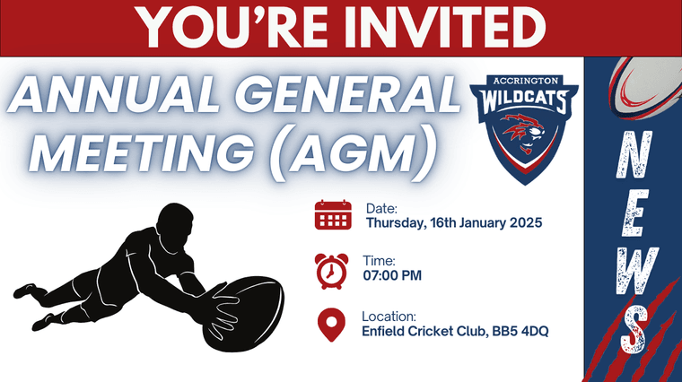 WildcatsARLFC's tweet photo. YOU'RE INVITED - Annual General Meeting #Wildcats #AccringtonWildcats #RugbyLeague
https://t.co/LChQPys2AH https://t.co/Z8ZQbIxKr6