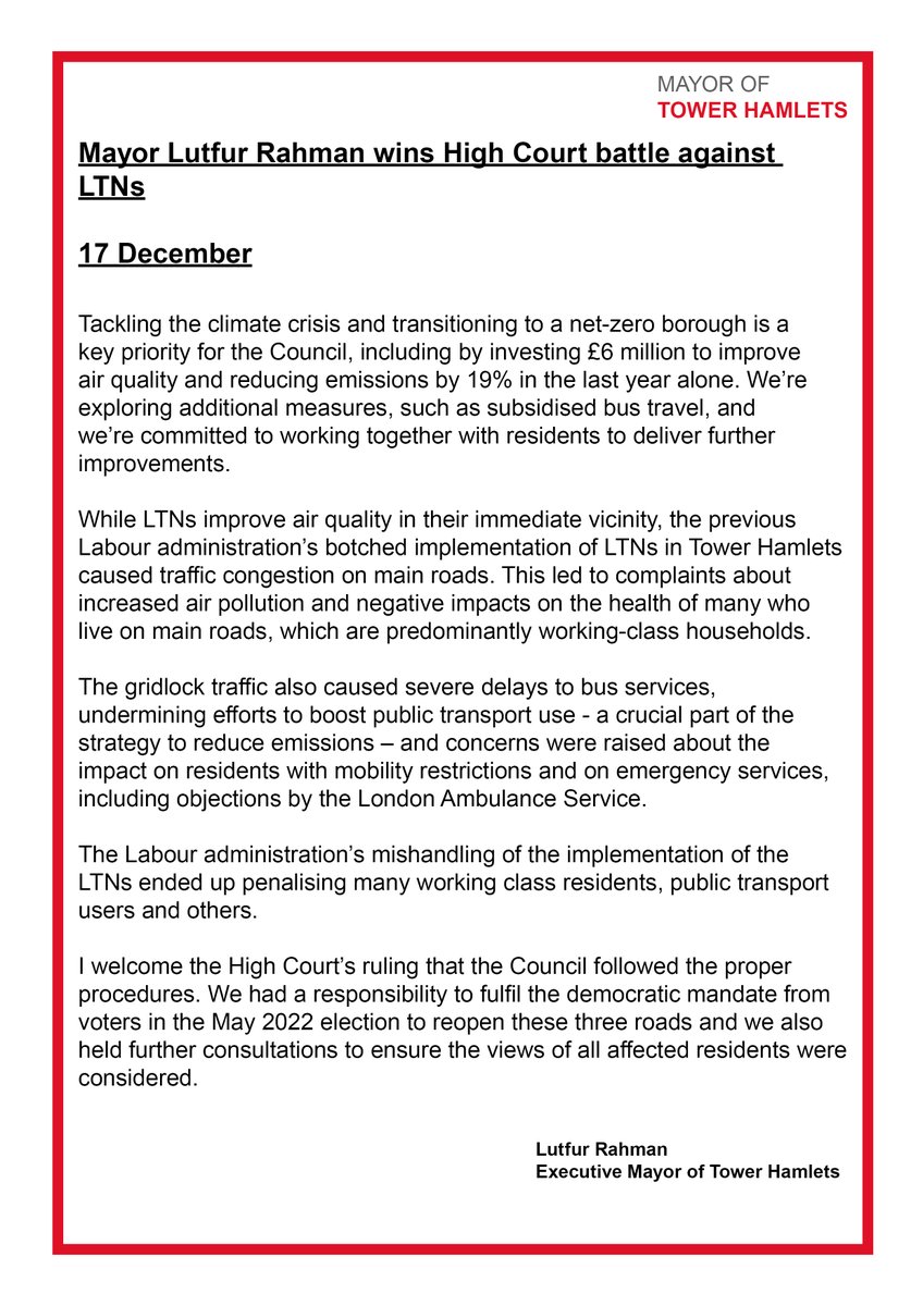 I welcome the High Court’s ruling that Tower Hamlets Council followed the proper procedures regarding LTNs.

Tackling the climate crisis is a key priority for the Council and we are continuing our work to significantly reduce emissions and transition to a net-zero borough.