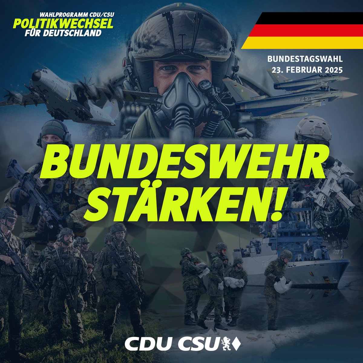 CSU's tweet photo. Politikwechsel für Deutschland - Wahlprogramm von CDU und CSU: https://t.co/dkPeHp5bWt

➡️ Die Ampel ist mit ihrem Cannabis-Gesetz gescheitert. Es begrenzt weder den Konsum, noch drängt es den Schwarzmarkt zurück. Stattdessen erleben wir brutale Bandenkriege. Die Legalisierung dieser Droge nehmen wir deshalb zurück. 

➡️ Wir stellen Überstundenzuschläge bei Vollzeitbeschäftigung steuerfrei. Wer freiwillig mehr arbeiten will, soll mehr Netto vom Brutto haben. 

➡️ Wir führen die Agrardieselrückvergütung wieder vollständig ein. Alternative Kraftstoffe wie Biokraftstoffe und synthetische Kraftstoffe in der Land- und Forstwirtschaft befreien wir von der Energiesteuer. 

➡️ Wir stärken die Bundeswehr und schätzen unsere Soldatinnen und Soldaten besonders wert. Auch setzen wir notwendige Reformen um. Unser Ziel ist es, dass die Bundeswehr einen zentralen Beitrag zur Abschreckungs- und Verteidigungsfähigkeit der NATO leistet und zu einem Vorbild im Kreis unserer Verbündeten wird.