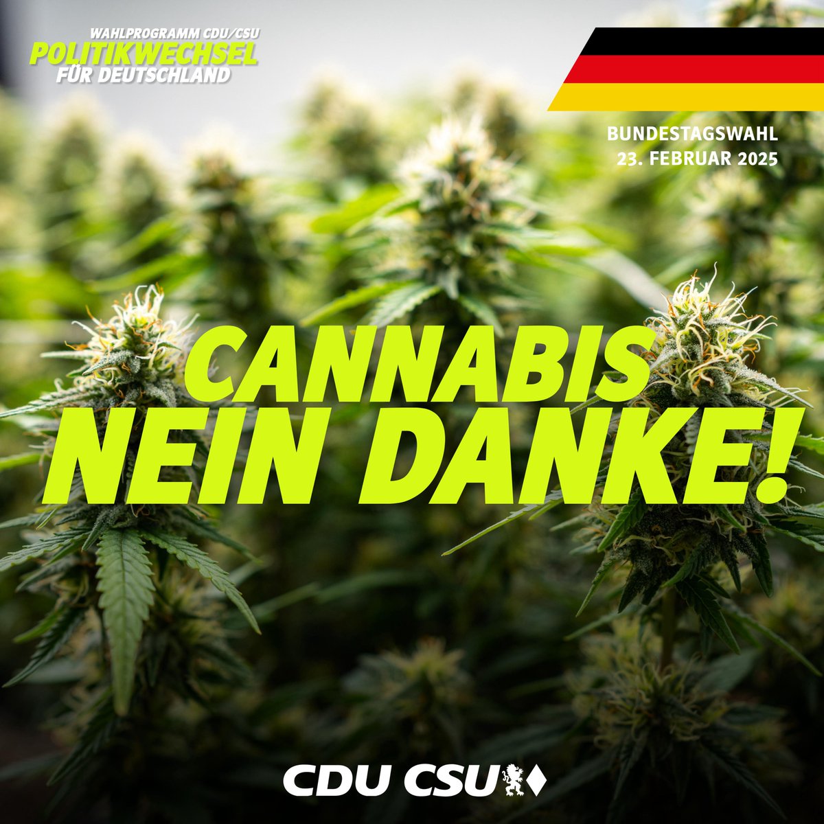 CSU's tweet photo. Politikwechsel für Deutschland - Wahlprogramm von CDU und CSU: https://t.co/dkPeHp5bWt

➡️ Die Ampel ist mit ihrem Cannabis-Gesetz gescheitert. Es begrenzt weder den Konsum, noch drängt es den Schwarzmarkt zurück. Stattdessen erleben wir brutale Bandenkriege. Die Legalisierung dieser Droge nehmen wir deshalb zurück. 

➡️ Wir stellen Überstundenzuschläge bei Vollzeitbeschäftigung steuerfrei. Wer freiwillig mehr arbeiten will, soll mehr Netto vom Brutto haben. 

➡️ Wir führen die Agrardieselrückvergütung wieder vollständig ein. Alternative Kraftstoffe wie Biokraftstoffe und synthetische Kraftstoffe in der Land- und Forstwirtschaft befreien wir von der Energiesteuer. 

➡️ Wir stärken die Bundeswehr und schätzen unsere Soldatinnen und Soldaten besonders wert. Auch setzen wir notwendige Reformen um. Unser Ziel ist es, dass die Bundeswehr einen zentralen Beitrag zur Abschreckungs- und Verteidigungsfähigkeit der NATO leistet und zu einem Vorbild im Kreis unserer Verbündeten wird.