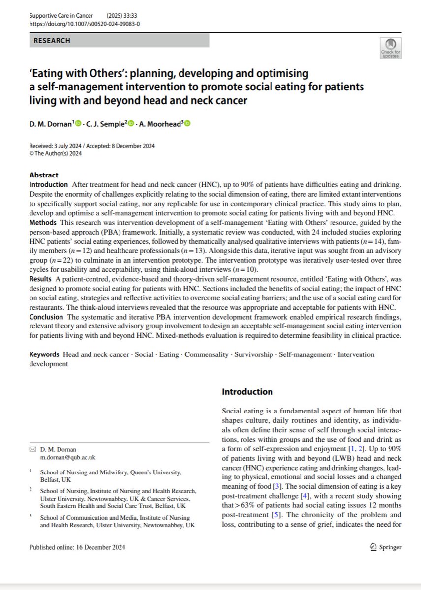 #EatingWithOthers - new publication from our group on planning, developing and optimising a self-management intervention to promote social eating in head and neck cancer 👬🍝

Available at: link.springer.com/article/10.100…

<a href="/markdornan47/">Dr Mark Dornan</a> <a href="/semple_cherith/">Cherith Semple</a> <a href="/a_moorhead/">Anne Moorhead</a>