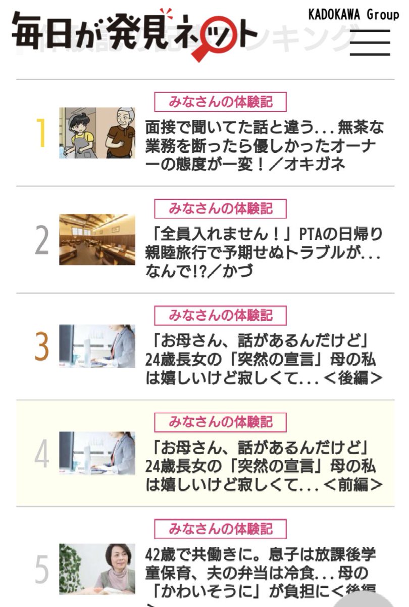 Okigane1's tweet image. 毎日が発見ネットにて只今体験記部門で１位で〜す！🤩
よろしくお願い致します🥰
#離婚　#不倫　#毎日が発見