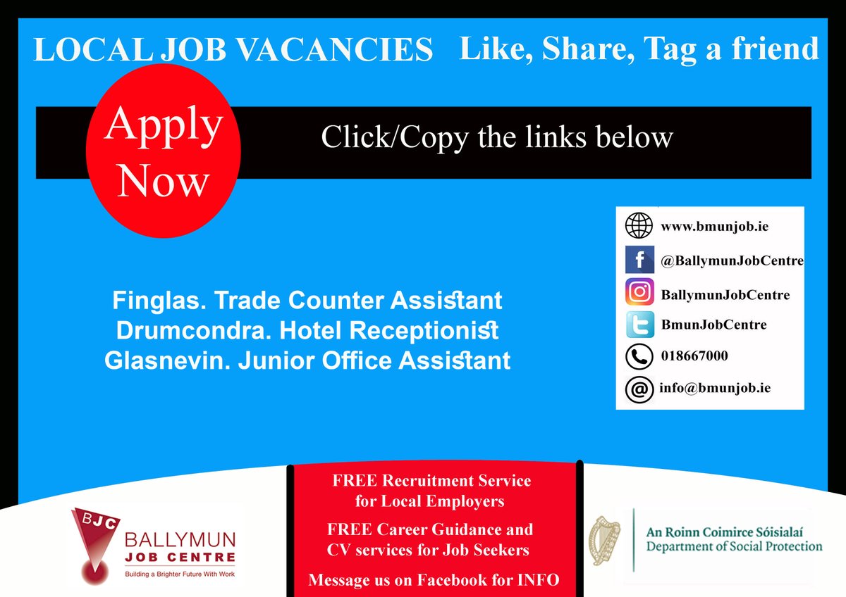 👉 Visit us at: Bmunjob.ie
Vacancies #bmunjob #jobfairy #dublinjobS 
Finglas. Trade Counter Assistant
is.gd/L2KAHy 
Drumcondra. Hotel Receptionist
ie.indeed.com/viewjob?cmp=Du…
Glasnevin. Junior Office Assistant
is.gd/CH2fVl