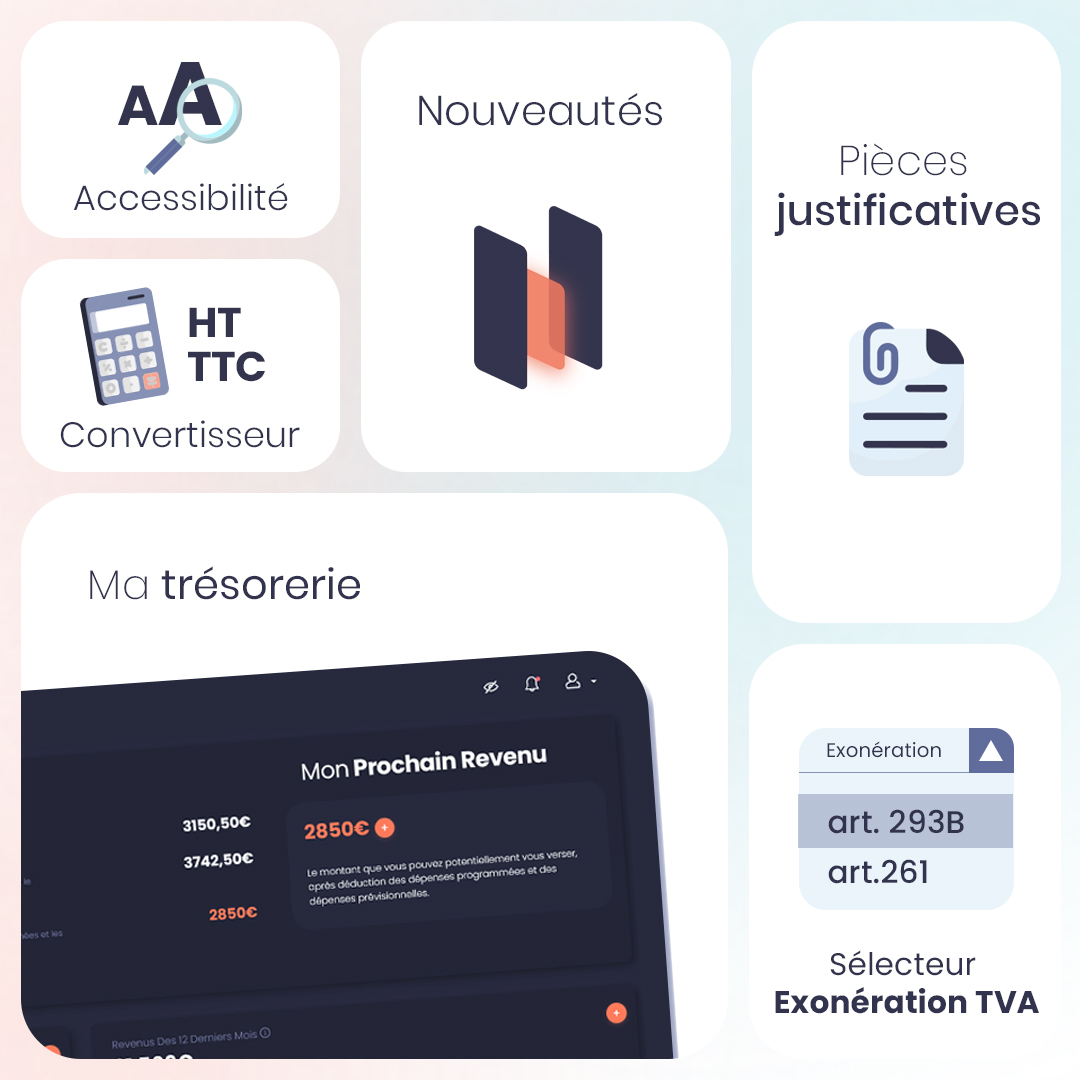 🚀 NeedMe évolue pour vous !

✅ Convertisseur HT ⇆ TTC
✅ Nouvelle page Ma Trésorerie 📊
✅ Pièces jointes dans vos dépenses
✅ Exonération de TVA personnalisée

Et bien + encore : découvrez toutes les nouveautés ici 👉 needme.fr/changelog/