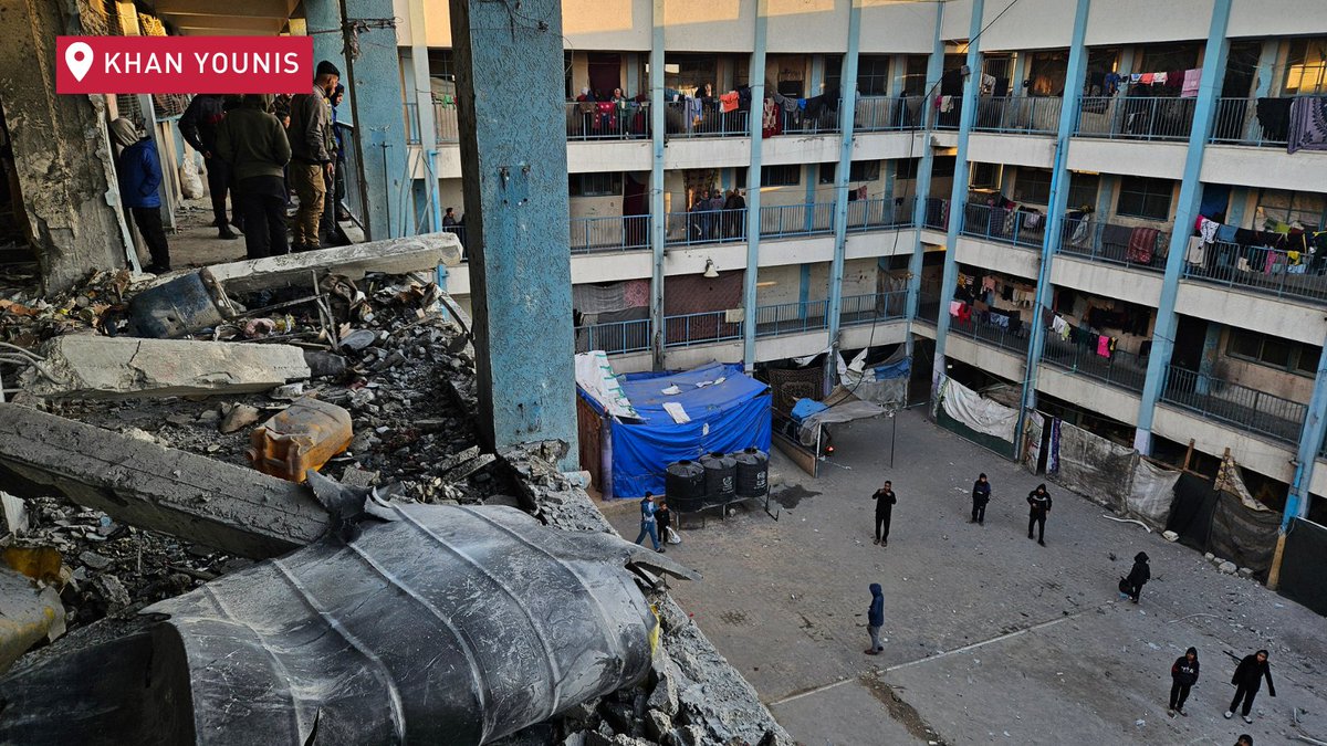 UNRWA's tweet photo. Israeli Forces airstrike hit this UNRWA school-turned-shelter in Khan Younis, southern #Gaza this week.
Hundreds of families were sheltering there at the time.

At least 13 people have reportedly been killed and around 50 injured. Parents lost their children. Children lost their mothers and fathers.

Nowhere is safe in #Gaza. The suffering must end. #CeasefireNow

https://t.co/OZENYAYEXF