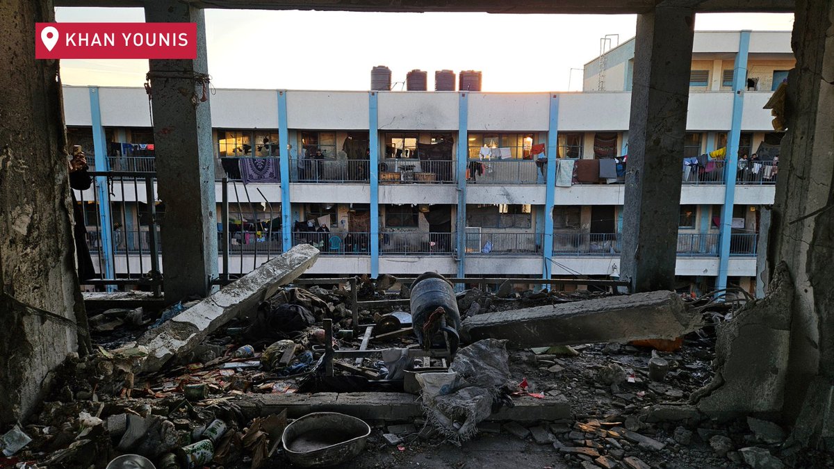 UNRWA's tweet photo. Israeli Forces airstrike hit this UNRWA school-turned-shelter in Khan Younis, southern #Gaza this week.
Hundreds of families were sheltering there at the time.

At least 13 people have reportedly been killed and around 50 injured. Parents lost their children. Children lost their mothers and fathers.

Nowhere is safe in #Gaza. The suffering must end. #CeasefireNow

https://t.co/OZENYAYEXF