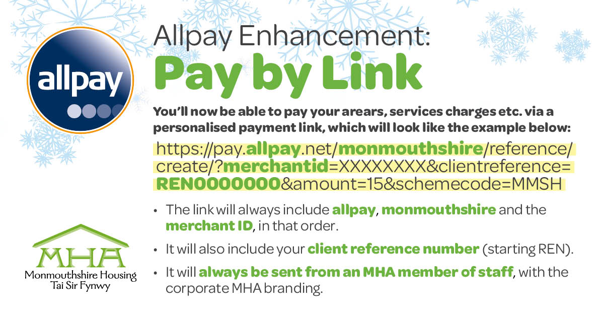 If you need to make a payment to us e.g. for a repair or arrears, we will now be able to send you a personalised link to Allpay via text or email to help simplify the process 😊 If you are unsure if the link you have received is genuine, get in touch with your local officer.