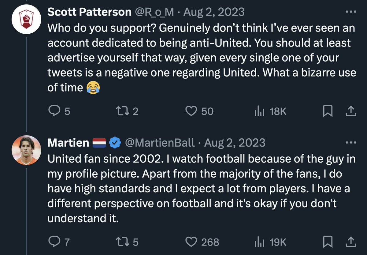 AdamJoseph's tweet photo. Martien admitted he wasn't a Manchester United fan. Deleting it doesn't mean he never said it, I'm afraid. Months later, he'd been a fan since 2002.

How does that work? It doesn't, @MartienBall makes up whatever he needs to. Whether it's pushing hate or agendas for interactions, he's just another grimy leech.

When we have discourse about player vs club, these are the accounts to worry about. Self interested little cretins.