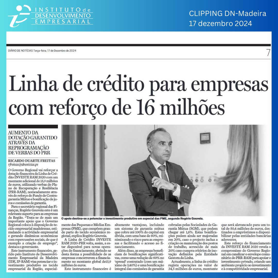 📌Linha de crédito para empresas com reforço de 16 milhões 💶
O aumento da dotação da linha, a realizar pelo Instituto de Desenvolvimento Empresarial, será assegurado através da reprogramação de verbas do PRR-RAM📊 .