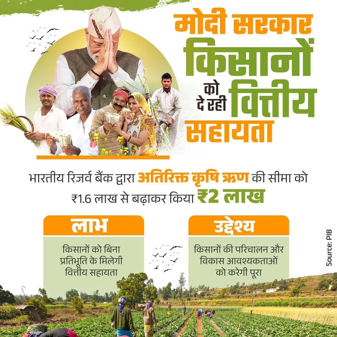 Bjp4Mungeli's tweet photo. किसानों को वित्तीय सहायता उपलब्ध करा रही मोदी सरकार।

भारतीय रिजर्व बैंक द्वारा अतिरिक्त कृषि ऋण की सीमा ₹1.6 लाख से बढ़ाकर ₹2 लाख की गई है। https://t.co/CPyfNrMu4s