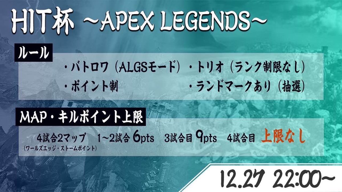 Hitcup2023's tweet photo. 【HIT杯開催のお知らせ】

今年最後のAPEXカスタム開催いたします！
ランク制限なしでどなたでも参加可能！
是非皆様の参加お待ちしてます！

募集期間は12月27日21:00まで
参加は下記のフォームよりお願いします！
https://t.co/br6xMyHSym

#APEX #APEXカスタム #HITAPEX https://t.co/I33XUprE0U