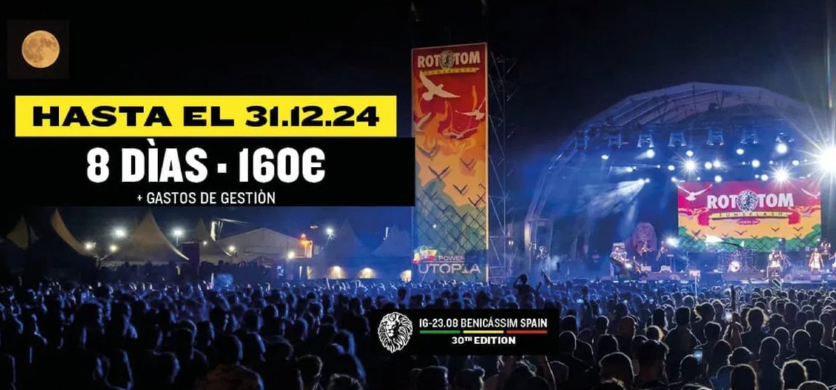 Tour&KidsCV (@tourandkids) on Twitter photo El Festival Rototom <a href="/sunsplash_es/">Rototom Sunsplash es</a> vende en 5 minutos los mil primeros abonos y mantiene hasta el 31 de diciembre abonos a precio reducido. ¡Aprovecha y hazte ya con tus pases!
Reserva de entradas 👉 rototomsunsplash.com/entradas/
Leer noticia 👉 rototomsunsplash.com/se-agotan-en-5…
#tourandkids El Festival Rototom <a href="/sunsplash_es/">Rototom Sunsplash es</a> vende en 5 minutos los mil primeros abonos y mantiene hasta el 31 de diciembre abonos a precio reducido. ¡Aprovecha y hazte ya con tus pases!
Reserva de entradas 👉 rototomsunsplash.com/entradas/
Leer noticia 👉 rototomsunsplash.com/se-agotan-en-5…
#tourandkids