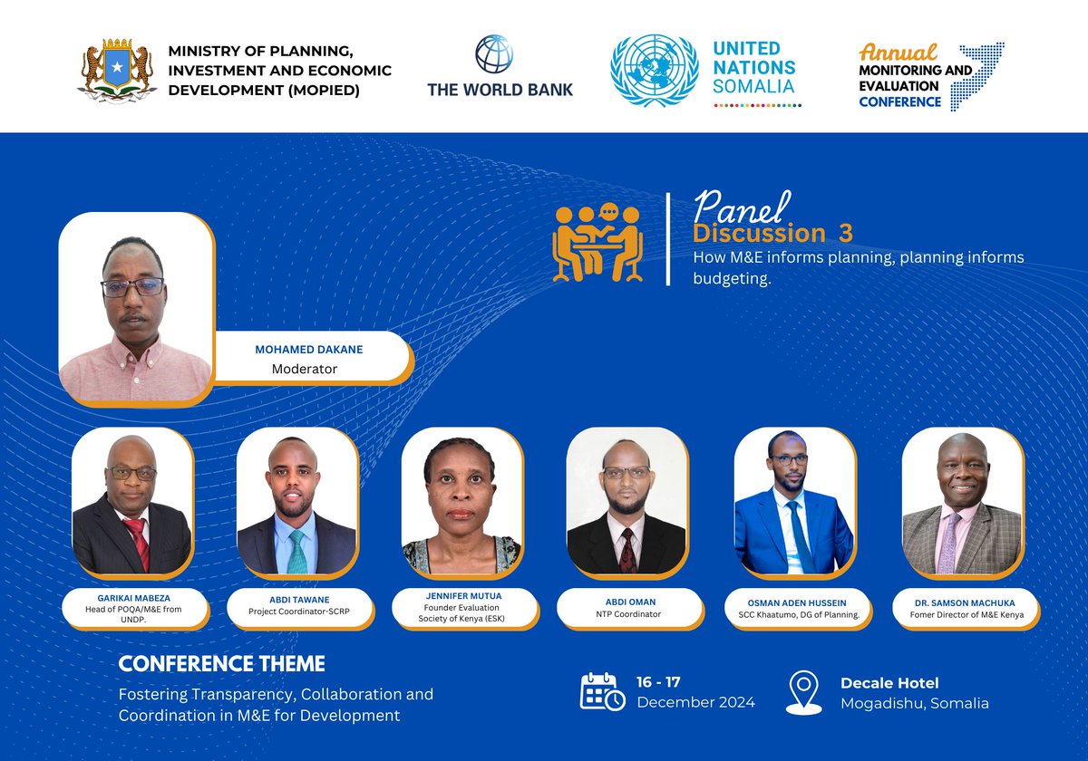 MoPIED_Somalia's tweet photo. As we approach the conclusion of the two-day National M&amp;E Conference, the final panel discussion is now underway. Titled 'How M&amp;E informs planning, planning informs budgeting' and moderated by Mohamed Dakane, this session explores key insights for development.#SomaliaMEConference https://t.co/VaF62XW0XL