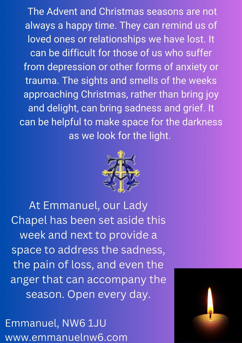 Advent and Christmas are not always happy seasons. Here’s what we’re doing at Emmanuel to support anyone who would like some space this month. #BlueChristmas <a href="/dioceseoflondon/">London Diocese</a> <a href="/TheOutsider40/">Anderson Jeremiah</a>