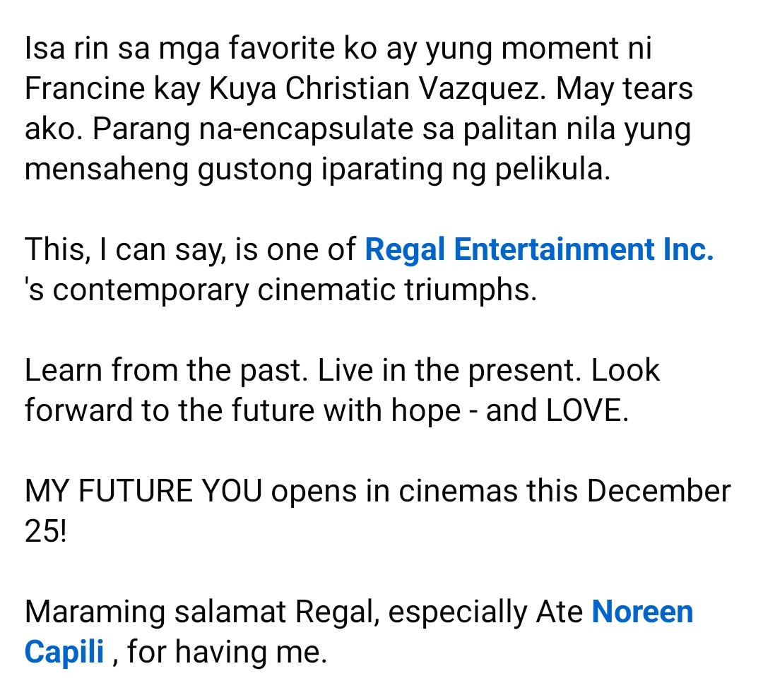 PrincessFrance's tweet photo. #MyFutureYou #MyFutureYouMMFF thoughts 🫶🏼

Congrats @francinecarreld @imsethfedelin @noringai @jp_abellera and @RegalFilms for a marvelous movie event for #MMFF50 ❤️ https://t.co/fi7r9NHobJ