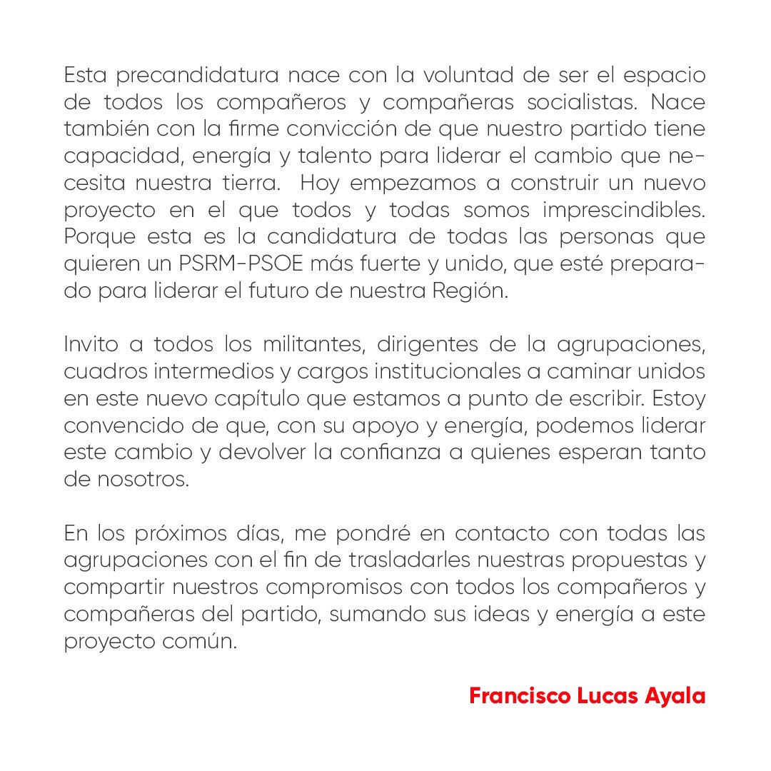 Lucassayala's tweet photo. Hoy he presentado mi candidatura a la Secretaría General del @PSOE_RM

Doy este paso con ilusión y responsabilidad, para unir y fortalecer el partido.

Necesitamos abrir una nueva etapa para liderar el futuro de la Región.

Este proyecto es de TODAS y TODOS.

#LiderandoElFuturo https://t.co/fnjr6zaQuL