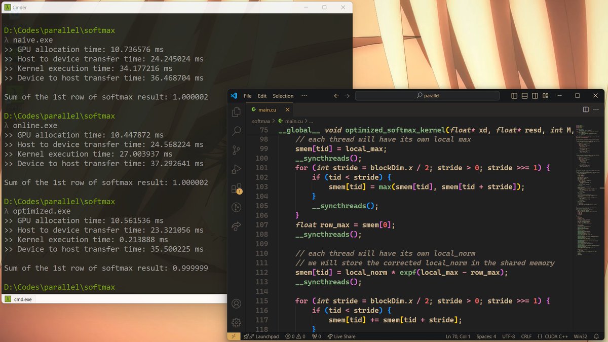 mrsiipa's tweet image. learning CUDA - i wrote an optimized version of the naive softmax kernel, and it is 162x (99.4%) faster.
- threads process one row together
- uses shared memory for max and norm
- calculates max and norm in one pass
- performs reductions on shared memory