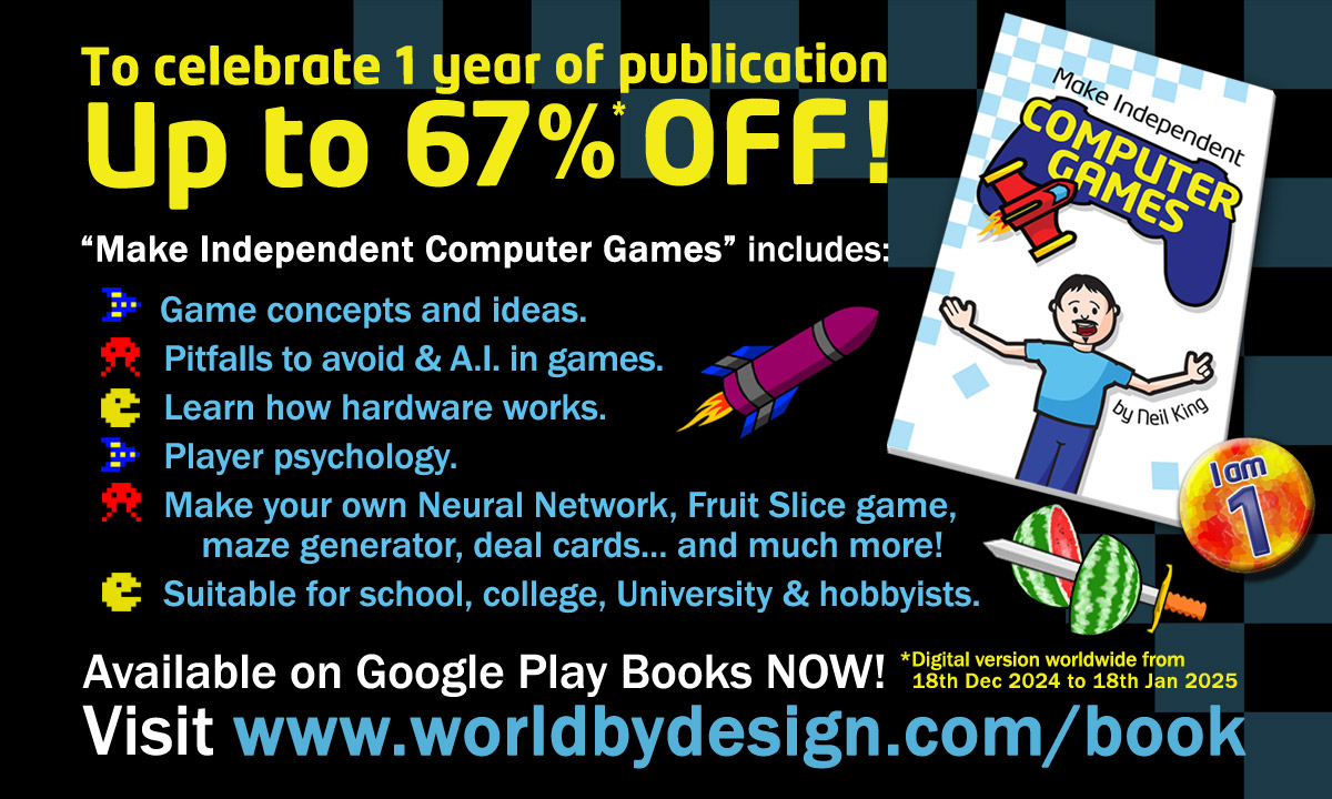 To celebrate 1 year of publication on <a href="/GooglePlay/">Google Play</a> books, "Make Independent Computer Games" is available with a MASSIVE 67% OFF for 1 month only. Ideal for #gamers, #students, #IndieGameDevs &amp; anyone interested in making video games. Enjoy!
play.google.com/store/books/de…
