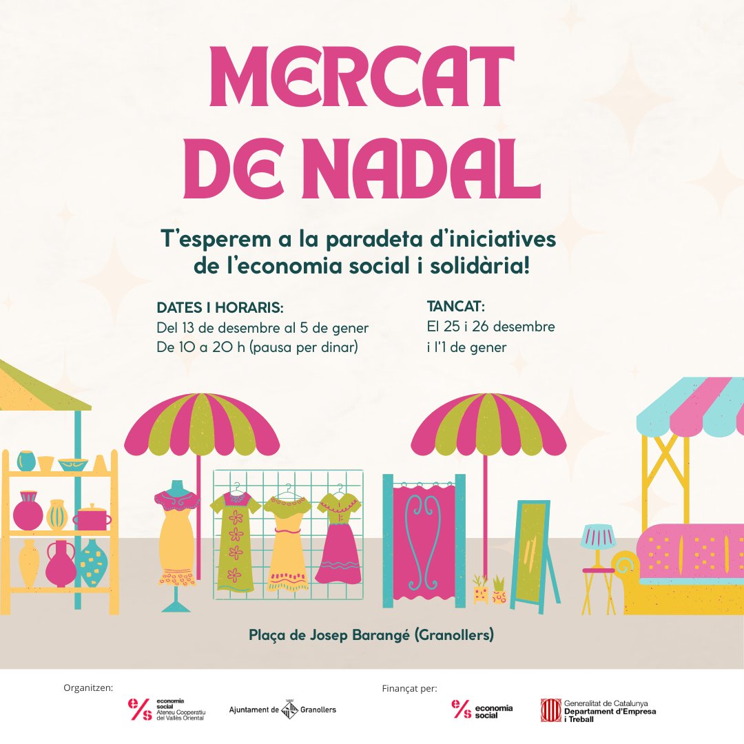 📢 Estàs pensant en regalar productes de #consumresponsable durant aquestes festes?

🤝 Amb l'Ajuntament de <a href="/granollers/">Granollers</a> hem muntat una parada compartida amb iniciatives de l'economia social i solidària #ESS!

🤗 T'esperem a la Pl. Barangé, de 10 a 20h, fins al 5 de gener!